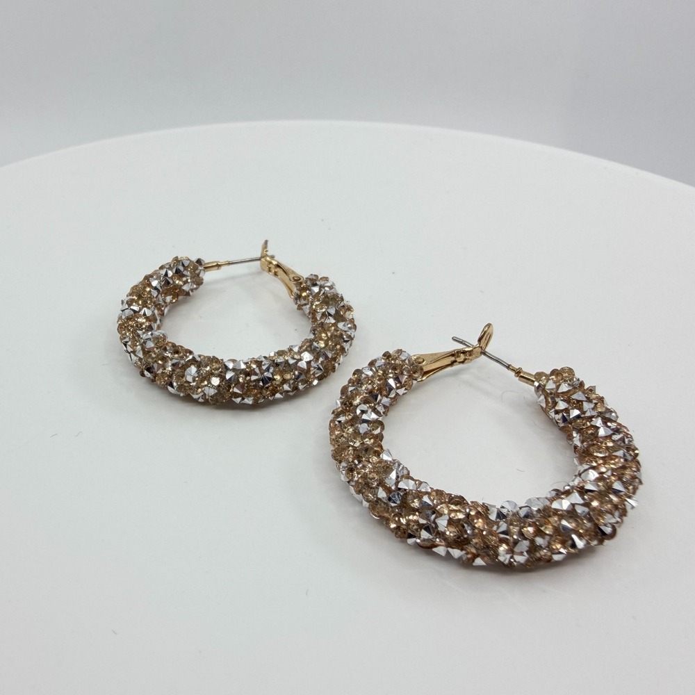 Vintage Y2K Gold Tone Chunky Crystal Hoop Earrings Textured Silver Tone Sparkle